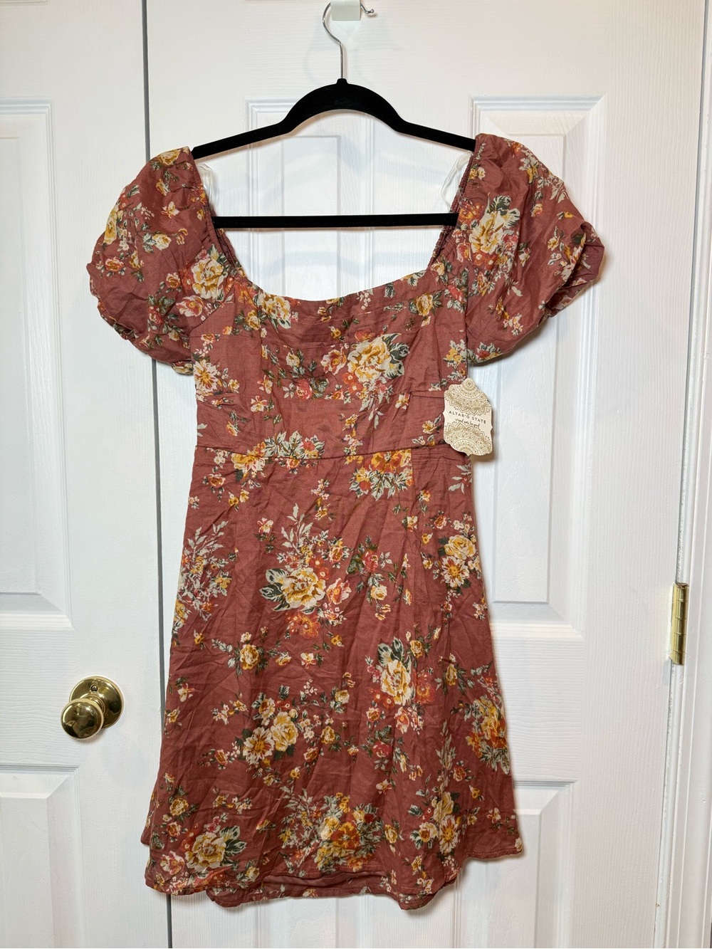 Altar'd State Dusty Rose Floral Puff-Sleeve Mini Dress